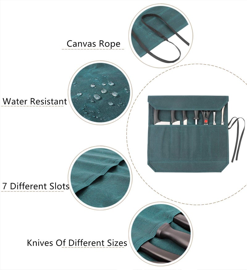 Denifiter Heavy Duty Waxed Canvas Chef Knife Storage Roll Bag With 7 Slots, Waterproof And Durable (Dark Green) - Image 3